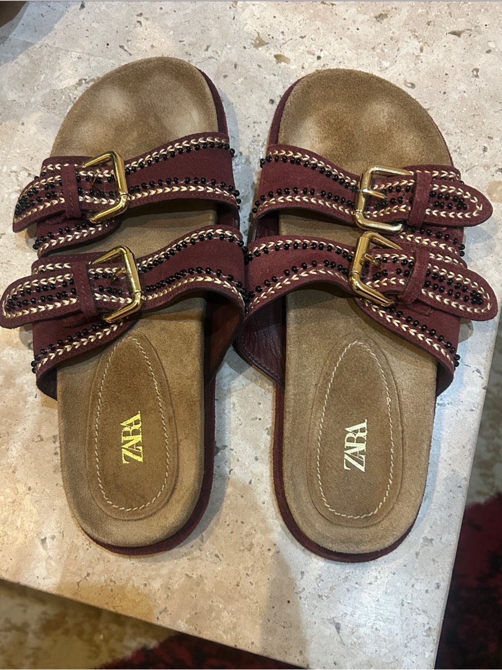 Zara Wine Red Buckle Chain Slide Sandals